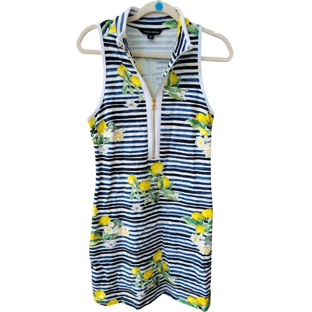 Boston Proper Zip Dress Navy White Stripe Lemon Blossoms Small Stretch